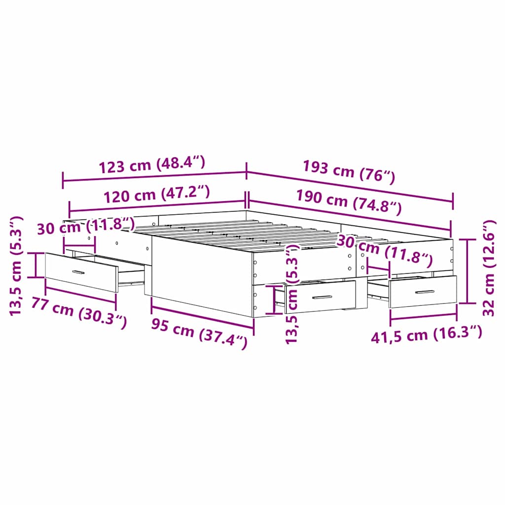 vidaXL Bed Frame with Drawer Old Wood 120 x 190 cm Engineered Wood
