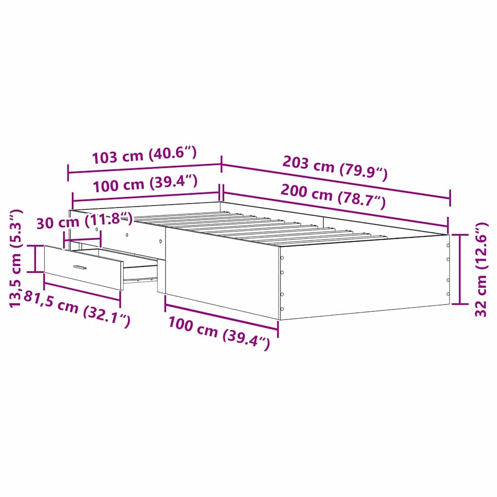 vidaXL Bed Frame with Drawer Old Wood 100 x 200 cm Engineered Wood