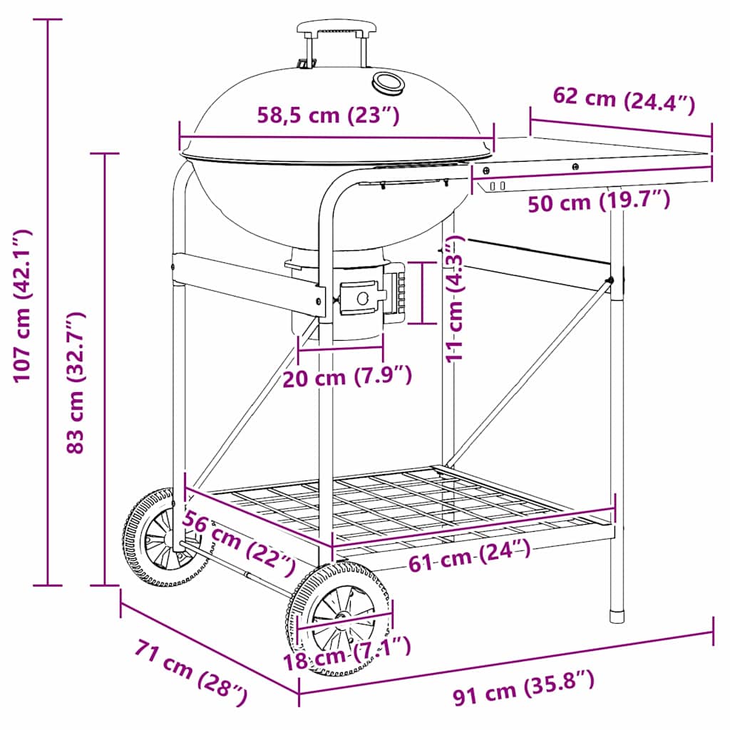 vidaXL Outdoor Grill with Wheel Black 91 x 71 x 107 cm Metal