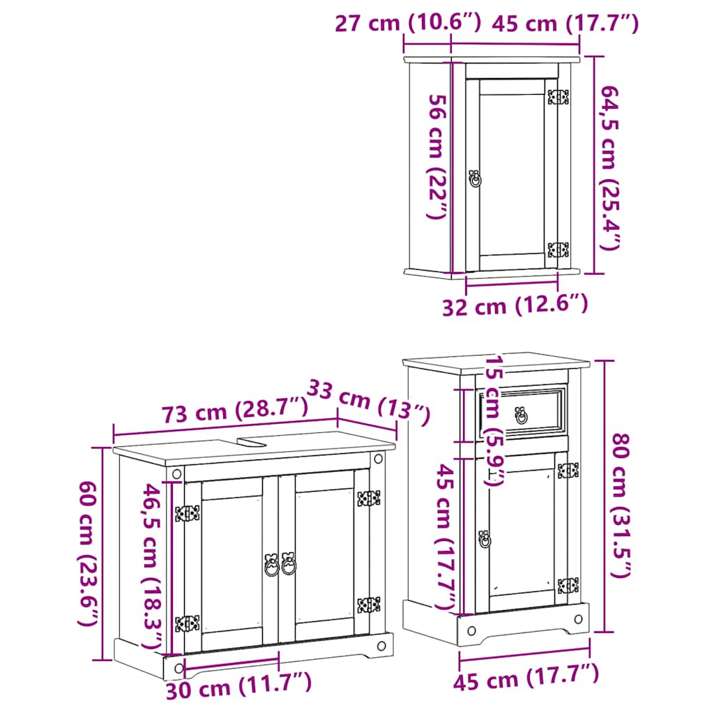 vidaXL 3 Piece Bathroom Furniture Set "Corona" Solid Wood Pine