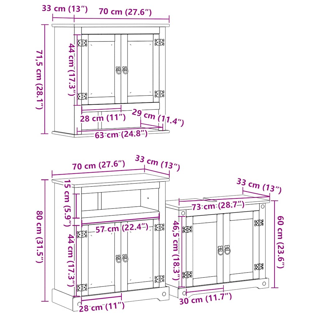 vidaXL 3 Piece Bathroom Furniture Set "Corona" Solid Wood Pine