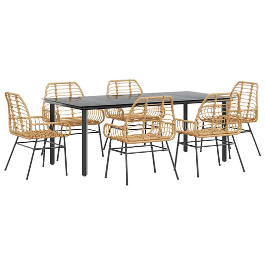 vidaXL 7 Piece Garden Dining Set Brown Poly Rattan Glass