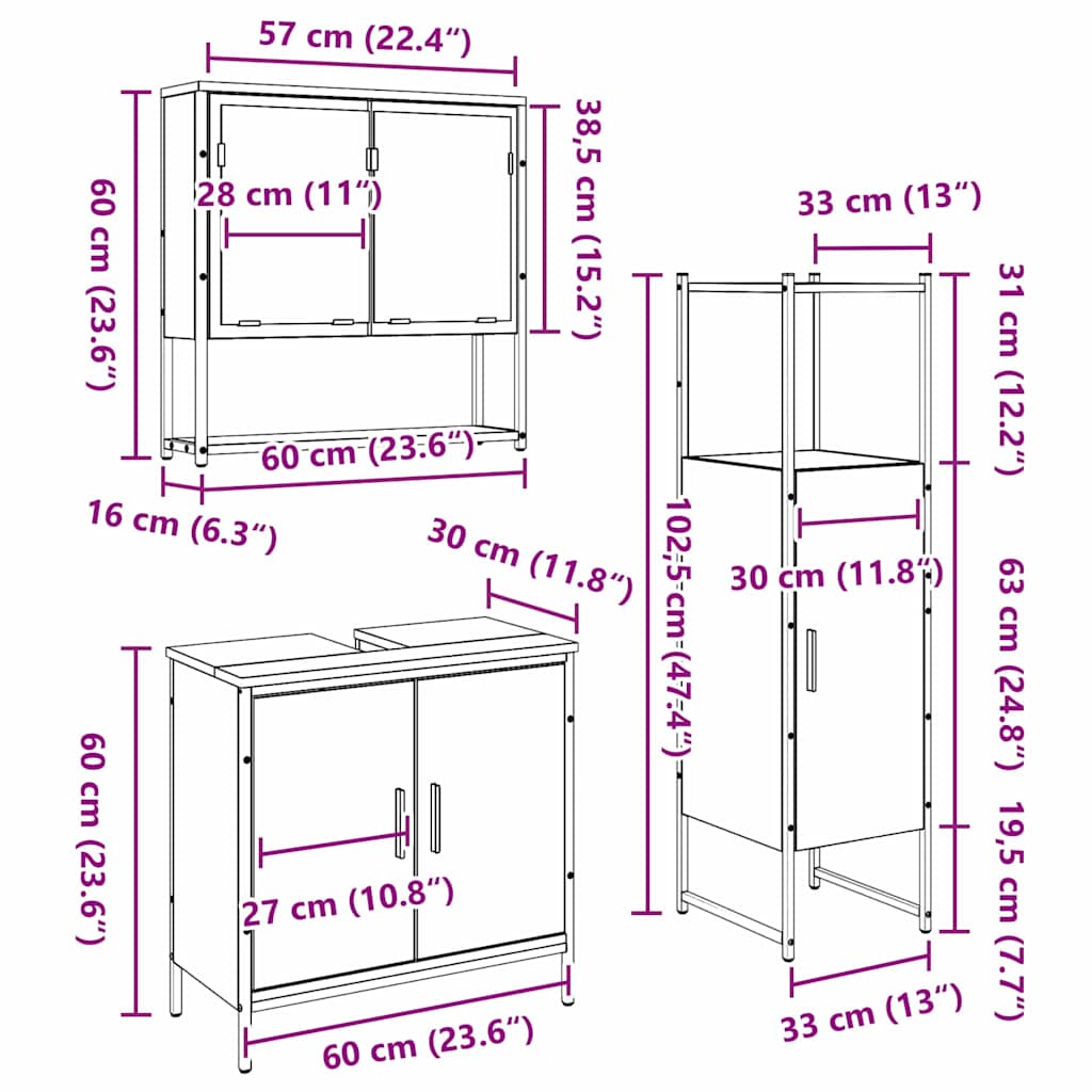 vidaXL Bathroom Furniture Set with Shelf 3 pcs Brown Engineered wood