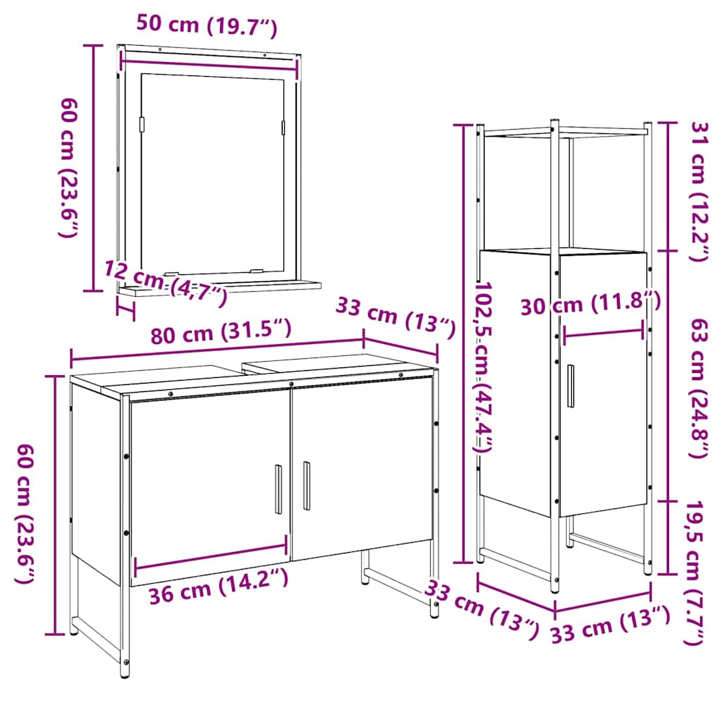vidaXL Bathroom Furniture Set with Shelf 3 pcs Brown Engineered wood
