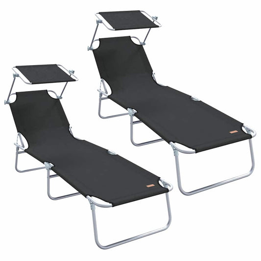vidaXL Sun Lounger Folding 2 pcs Black 58 x 188 x 77cm Polyester