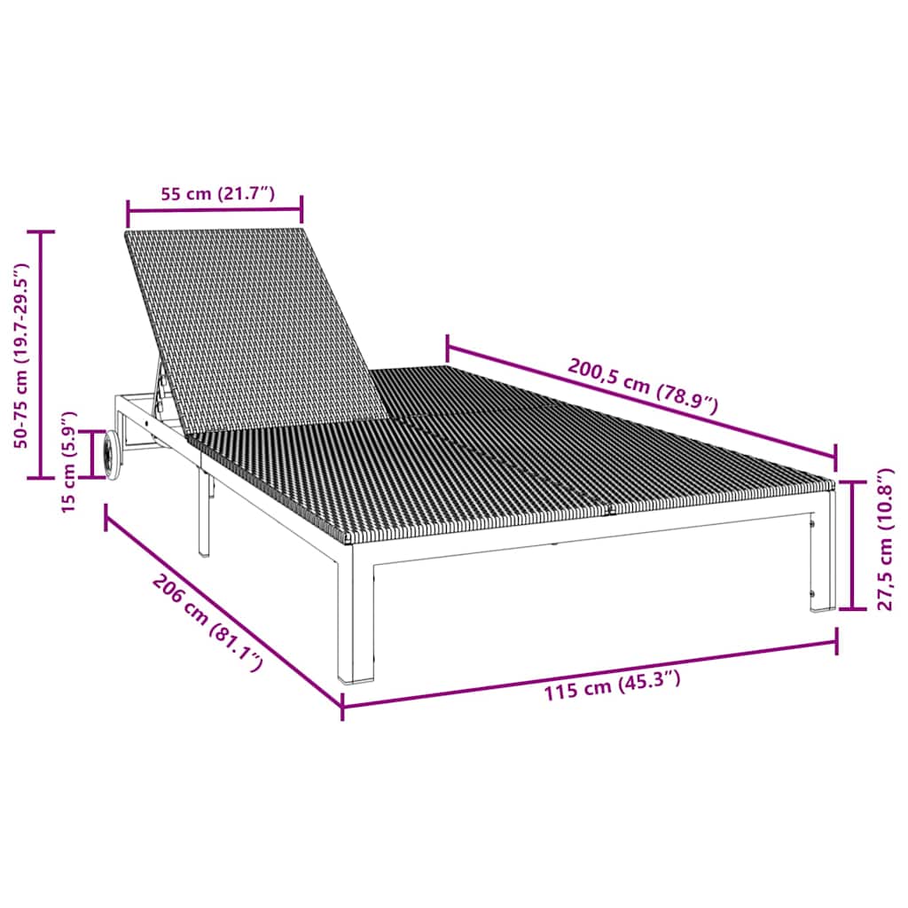 vidaXL Sunbed Brown 206 x 115 x 75 cm Poly Rattan