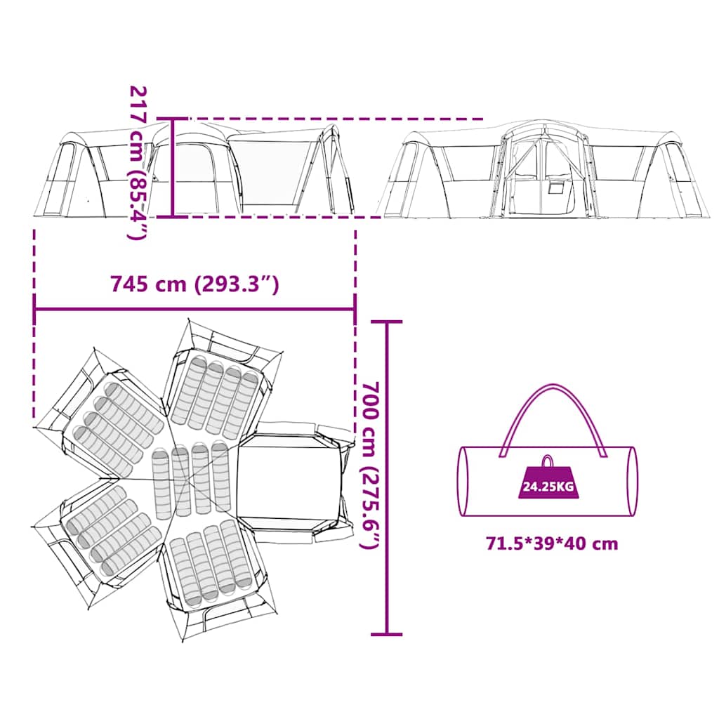vidaXL Family Tent 20-Person Green and White 745 x 700 x 217 cm