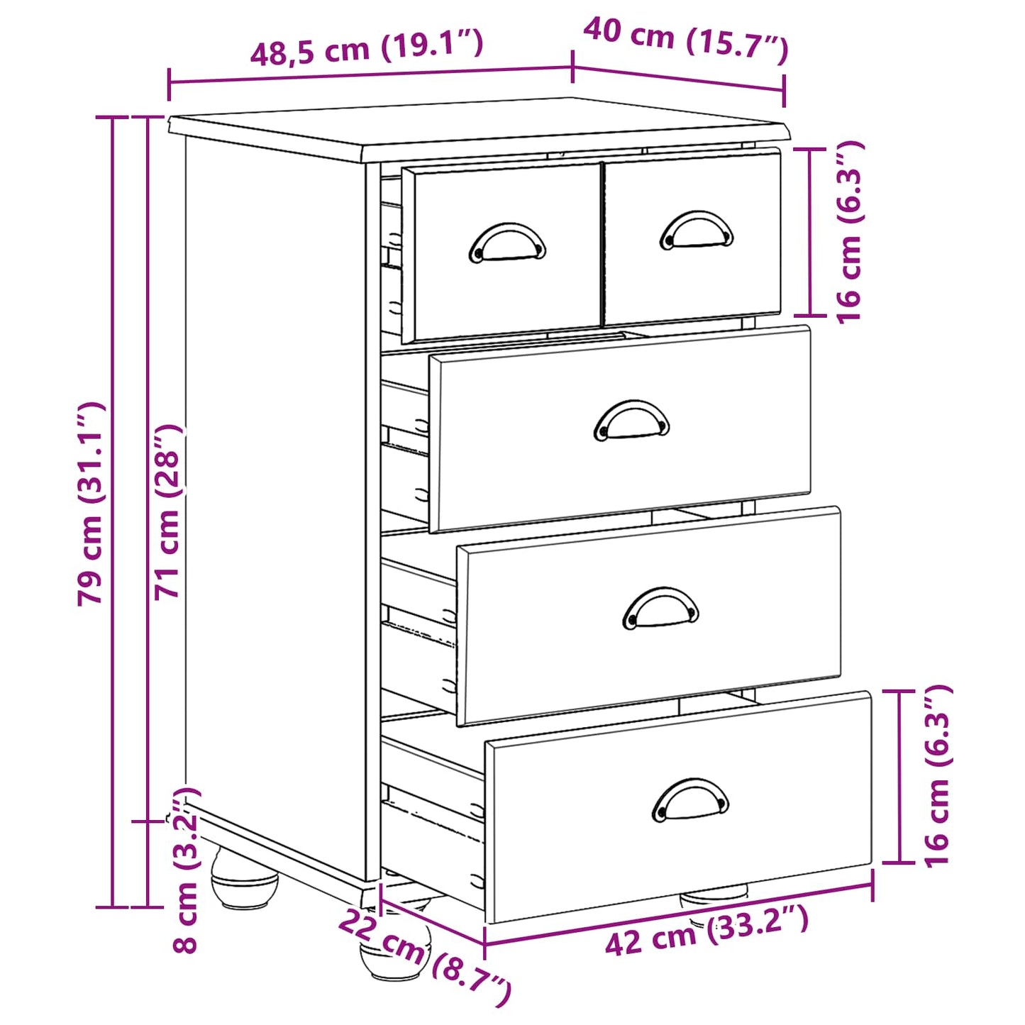 vidaXL Chest of Drawer 5-Drawer ASKIM White 48.5 x 40 x 79 cm