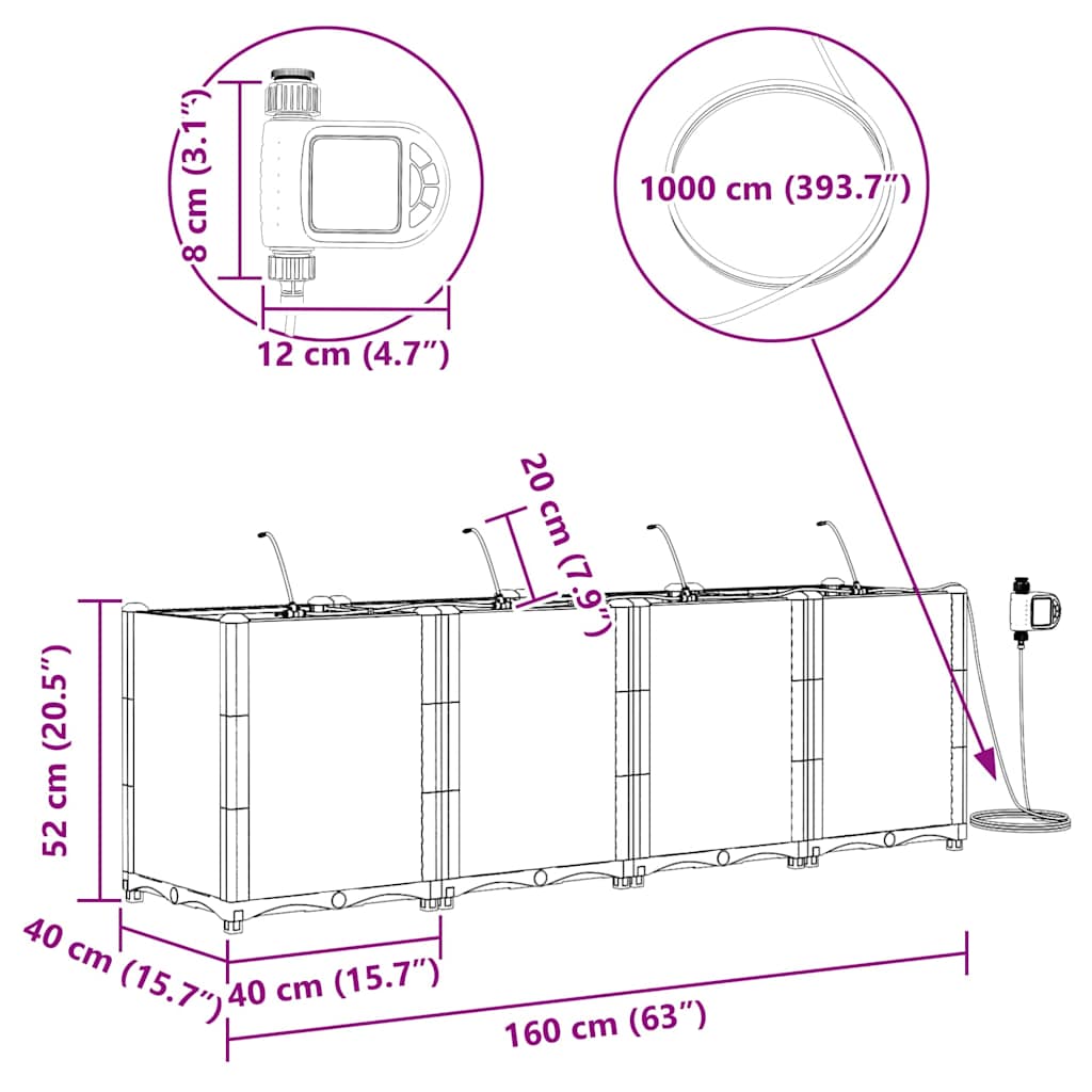 vidaXL Garden Planter 4 pcs Brown 160 x 40 x 52 cm PP