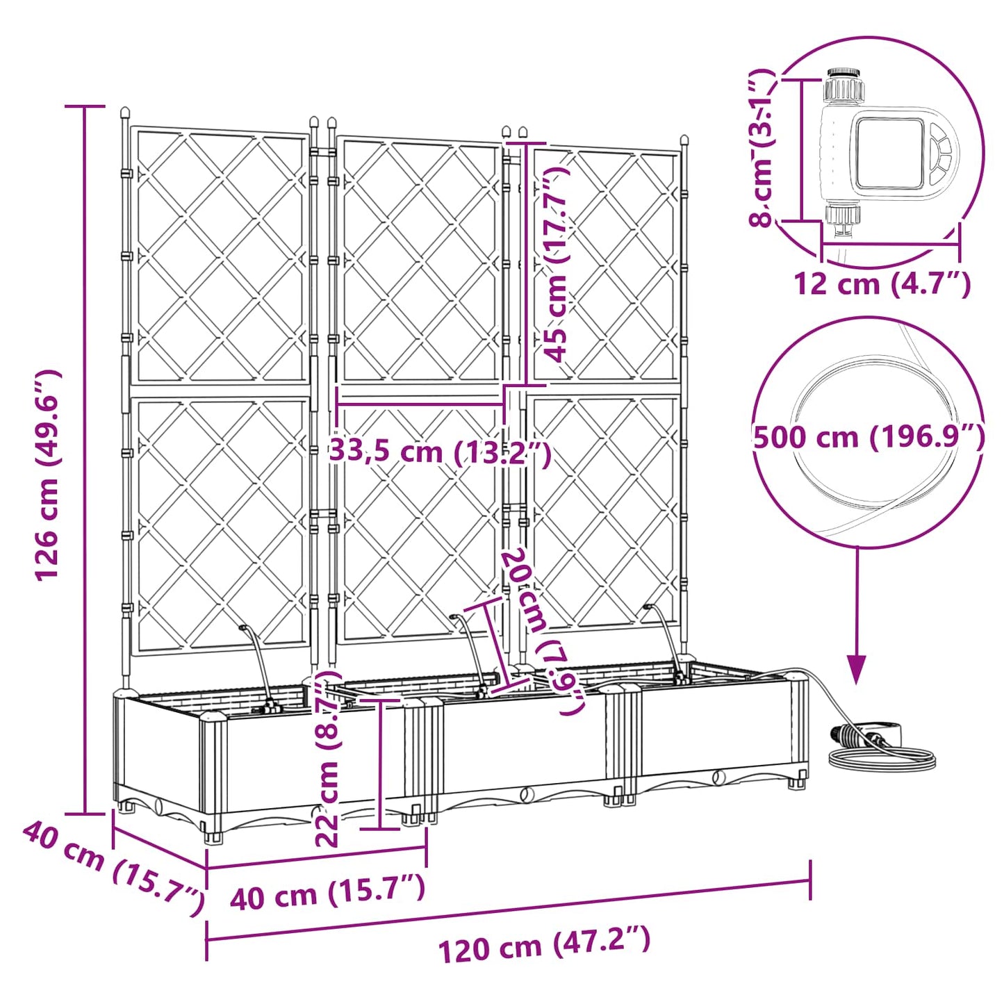 vidaXL Garden Planter 3 pcs Grey 120 x 40 x 126 cm PP