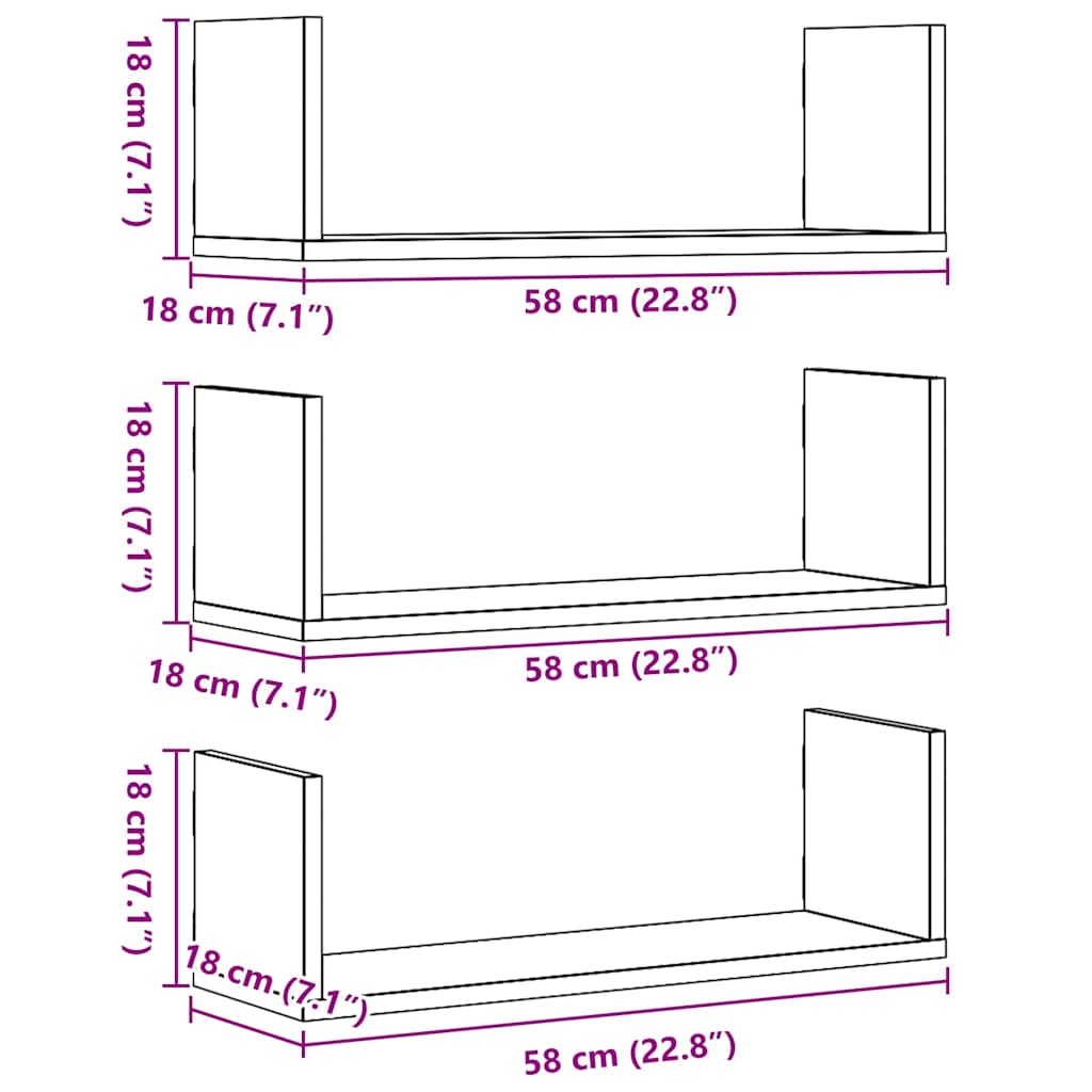 vidaXL Wall Shelves 3 pcs Black Oak 58x18x18 cm Engineered Wood