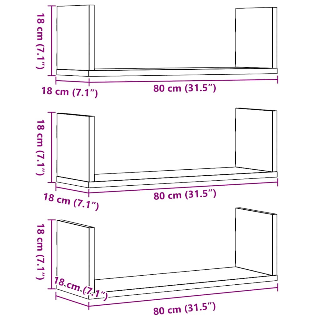 vidaXL Wall Shelves 3 pcs Black Oak 80x18x18 cm Engineered Wood