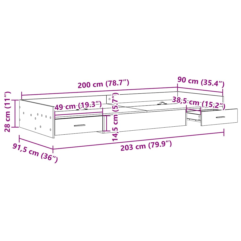vidaXL Bed Frame with Drawer Grey Sonoma 90 x 200 cm Engineered Wood