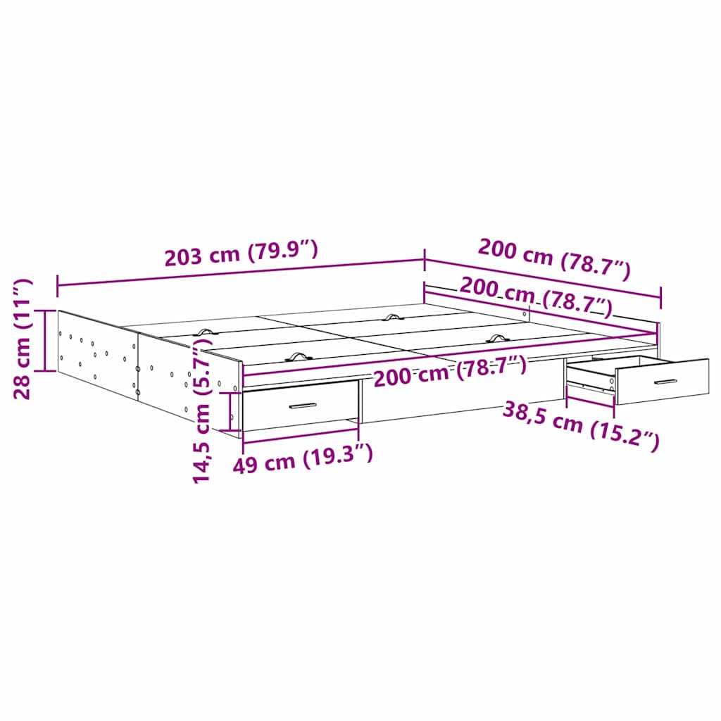 vidaXL Storage Bed Frame Smoked Oak 200 x 200 cm Engineered Wood