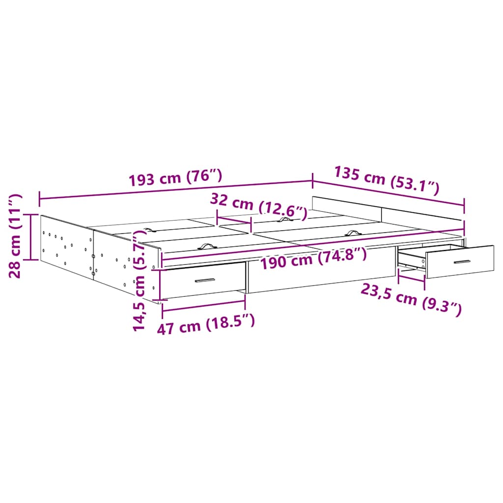 vidaXL Storage Bed Frame Old Wood 135 x 190 cm Engineered Wood