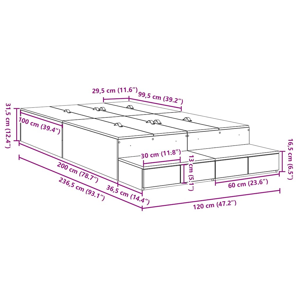 vidaXL Storage Bed Frame Concrete Grey 120 cm Engineered Wood