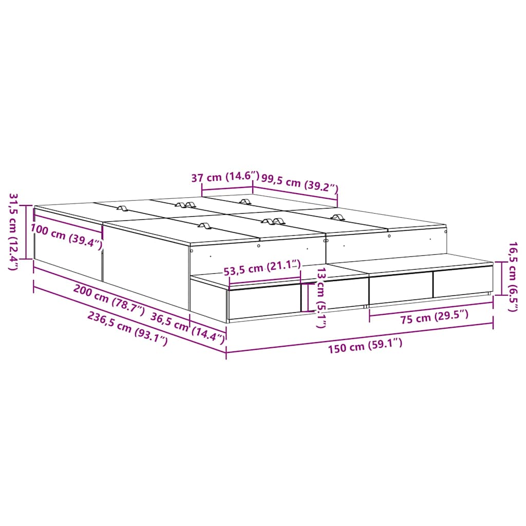vidaXL Storage Bed Frame with Drawer Old Wood 150 cm Engineered Wood