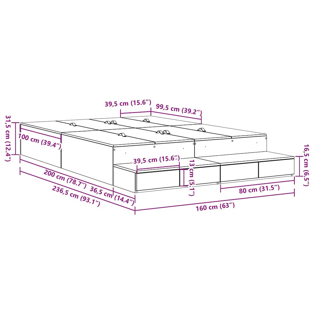 vidaXL Storage Bed Frame with Drawer Black Oak 160 cm Engineered Wood