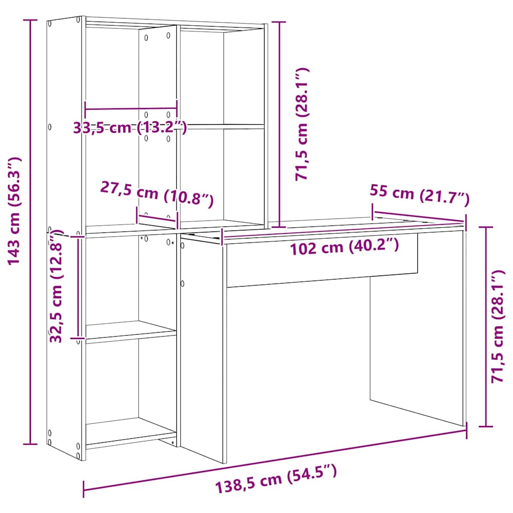 vidaXL Desk with Shelf Smoked Oak 138.5 x 55 x 143 cm Engineered Wood