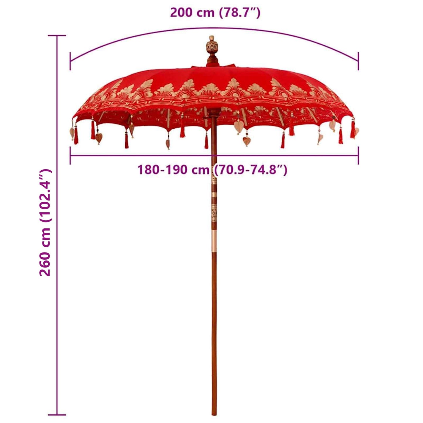vidaXL Balinese Parasol Red (180-190) x 260 cm Cotton and Wood