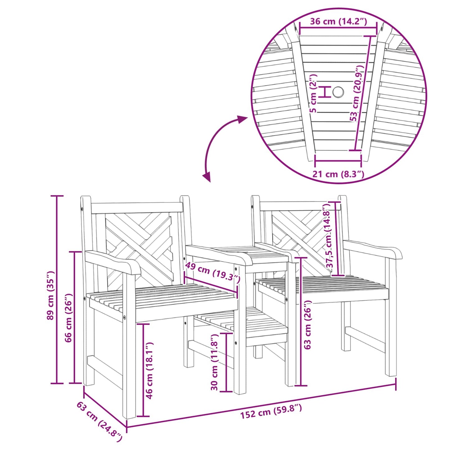 vidaXL Garden Outdoor Chairs 152 x 63 x 89 cm Solid Teak Wood