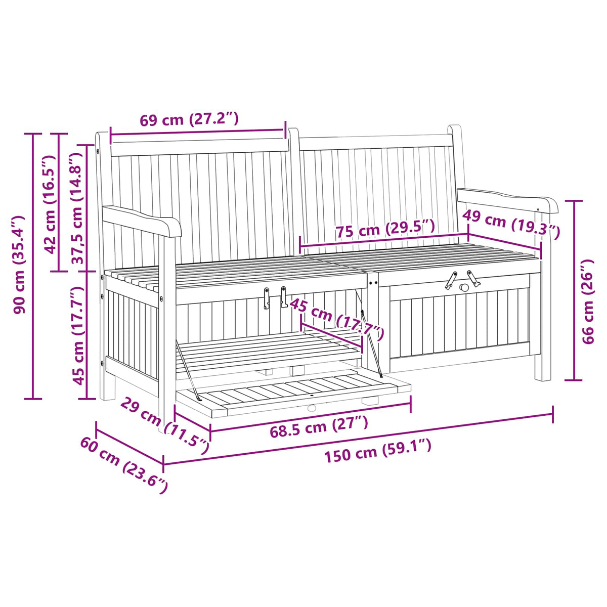 vidaXL Garden Bench with Storage 150 x 60 x 90 cm Solid Teak Wood