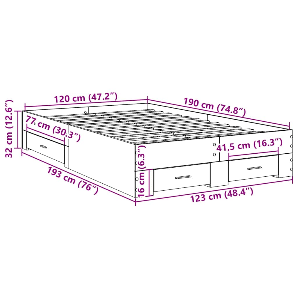 vidaXL Bed Frame with Drawer Brown 120 x 190 cm Engineered Wood