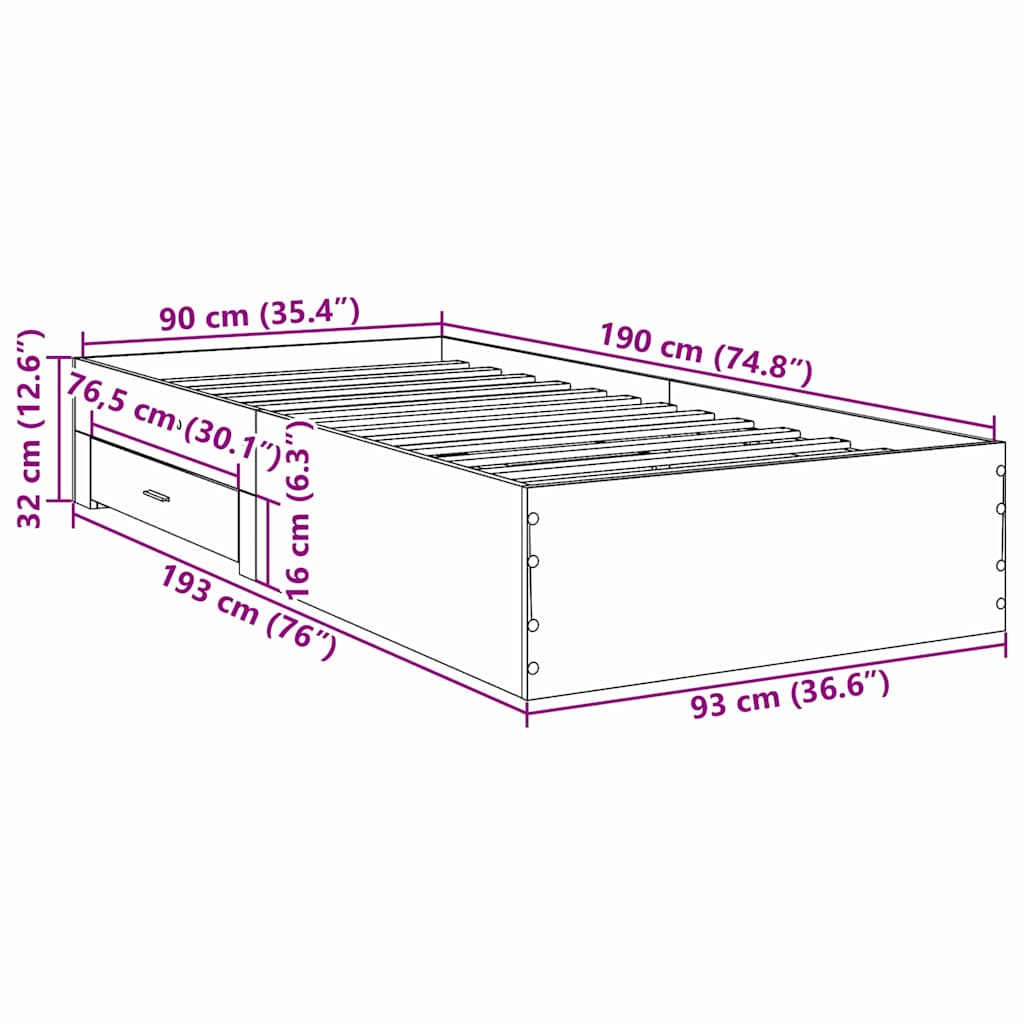 vidaXL Bed Frame with Drawer Brown 90 x 190 cm Engineered Wood