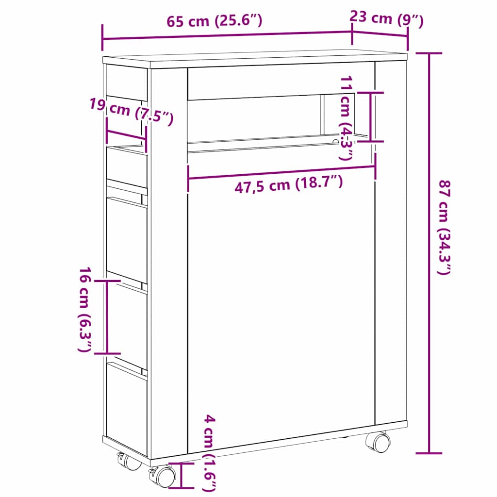 vidaXL Bathroom Furniture Set with Wheel Black Oak 65 x 23 x 87 cm
