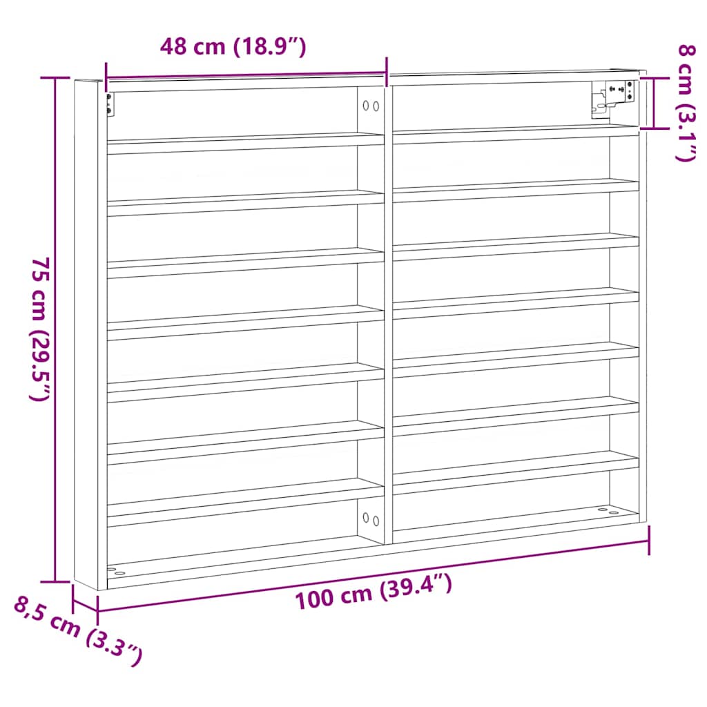 vidaXL Display Cabinet Wall-Mounted Artisan Oak 100 x 8.5 x 75 cm
