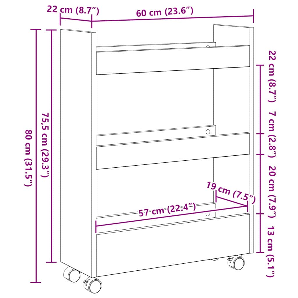 vidaXL Narrow Storage Trolley Black Oak 60 x 22 x 80 cm