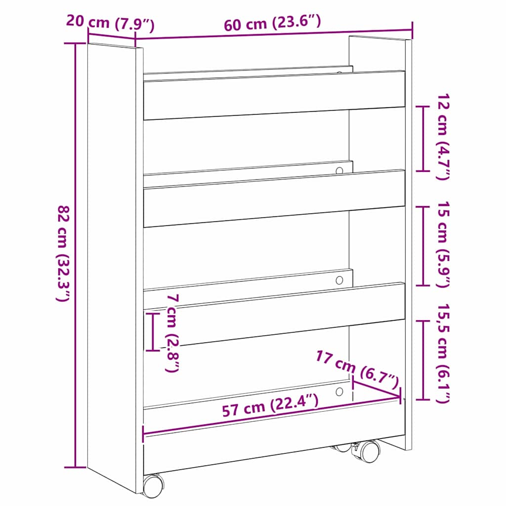 vidaXL Narrow Storage Trolley Black Oak 60 x 20 x 82 cm