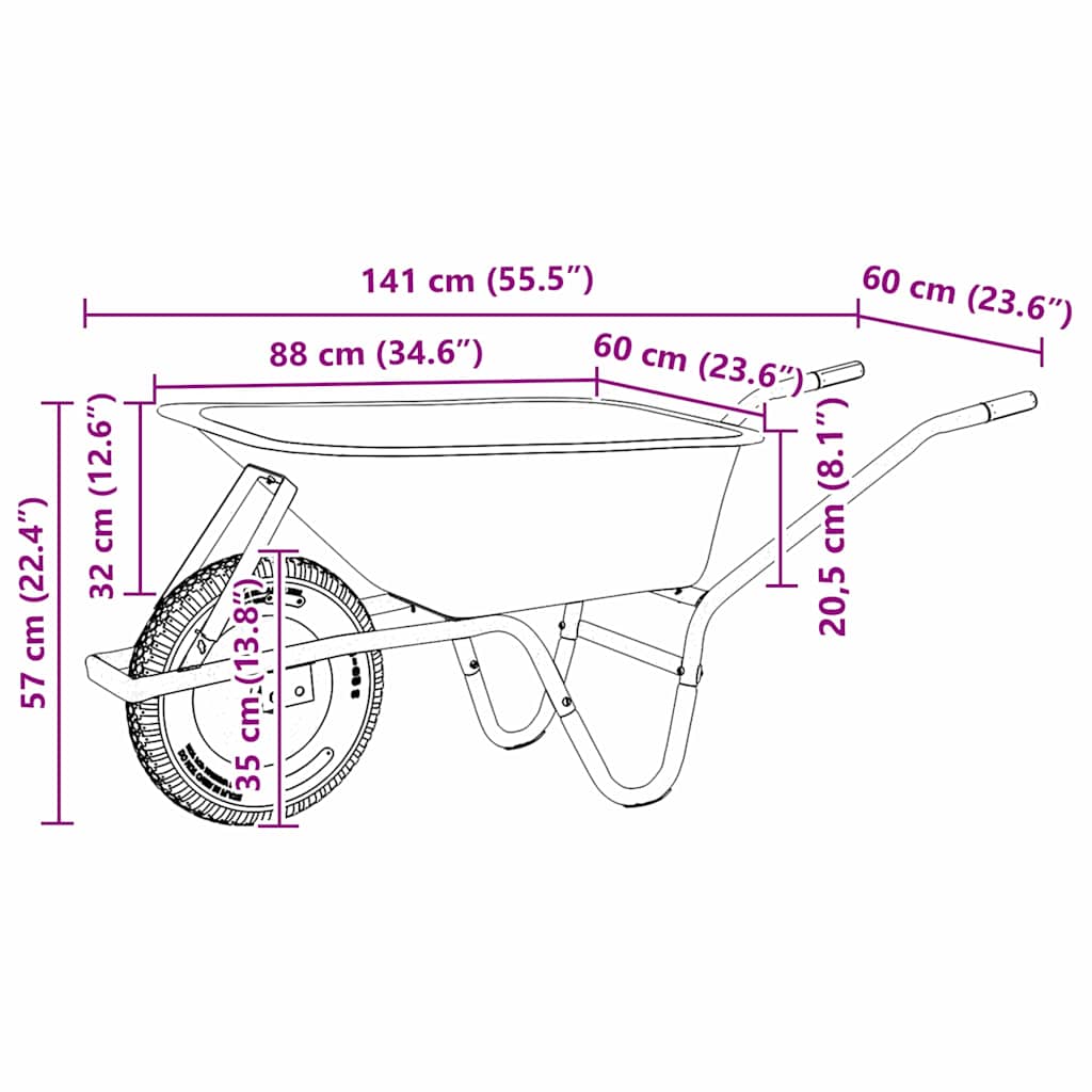 vidaXL Wheelbarrow Silver and Black 141 x 60 x 57 cm Steel