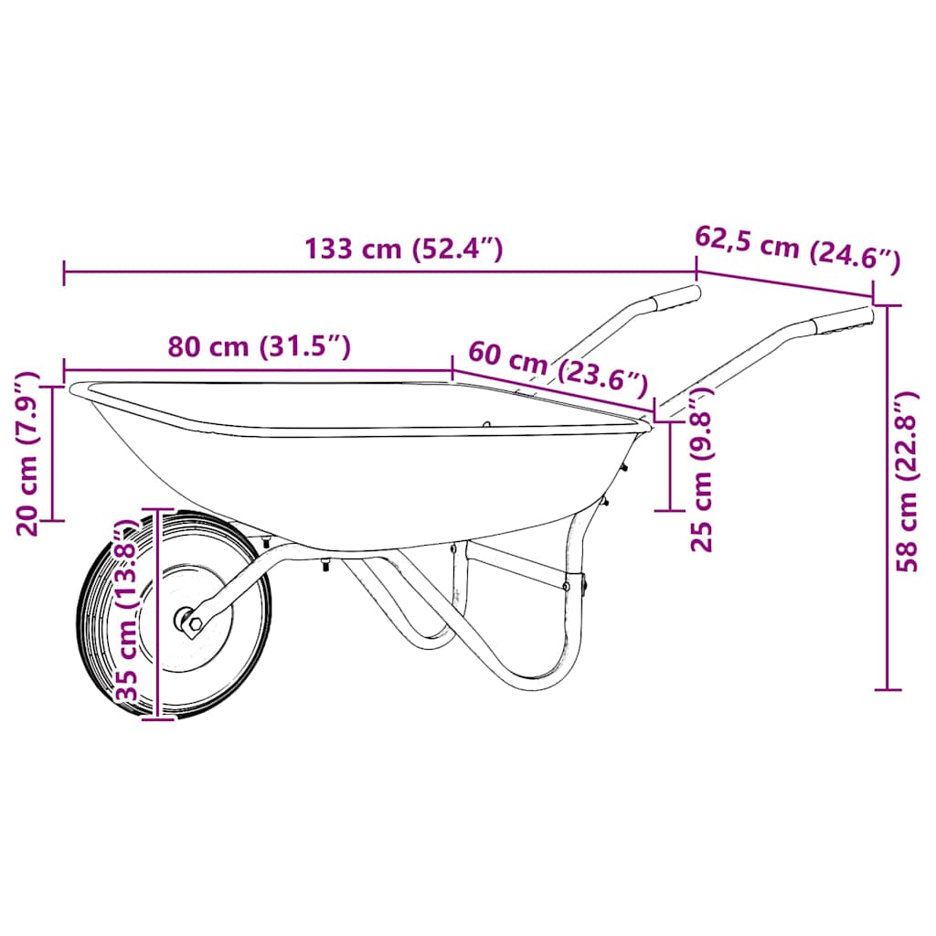 vidaXL Wheelbarrow Silver and Black 133 x 62.5 x 58 cm Steel