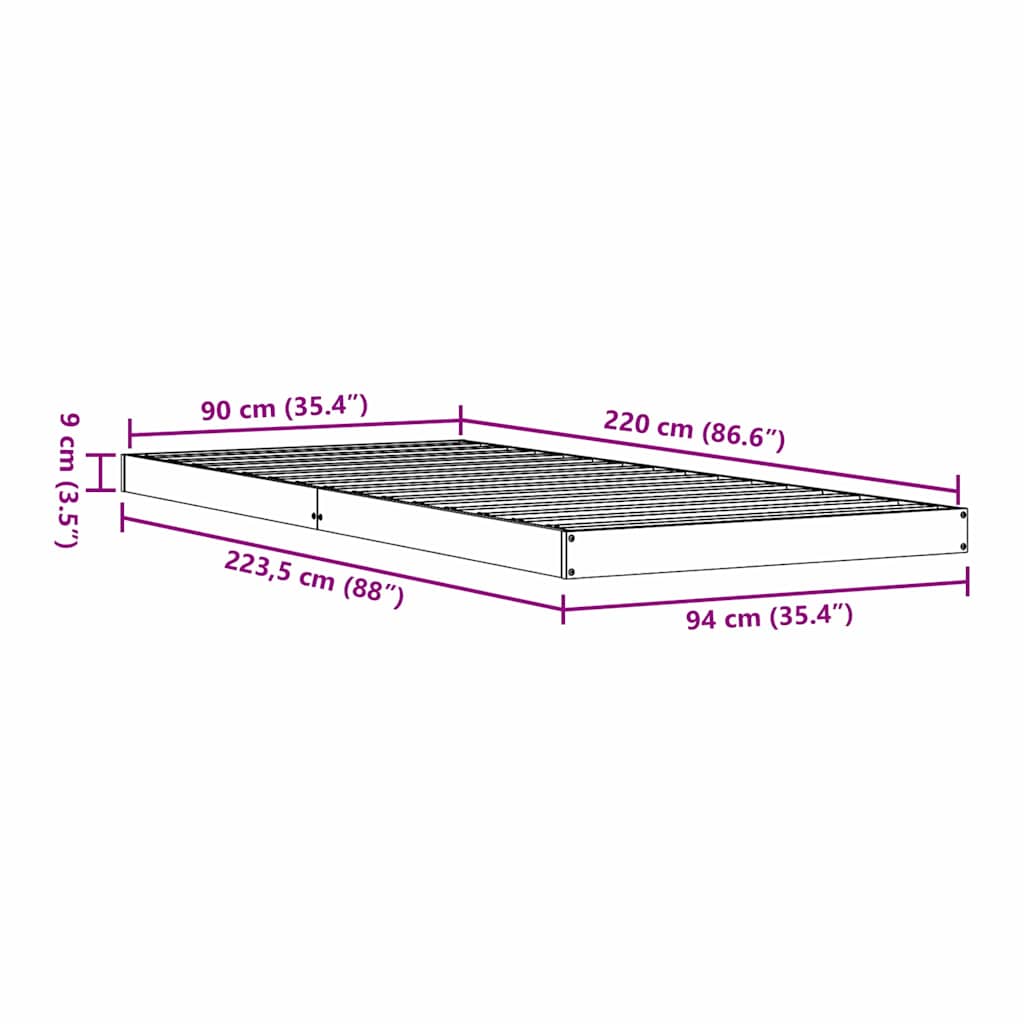 vidaXL Floor Bed Frame Natural 90 x 220 cm Solid Pine Wood