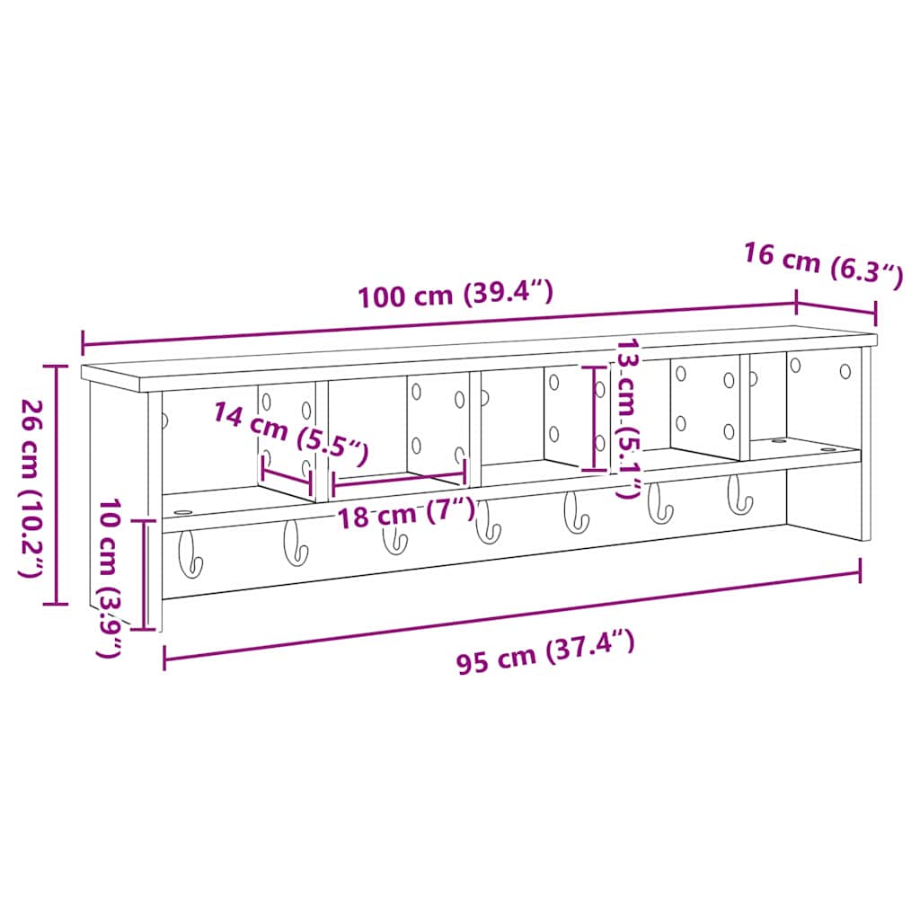 vidaXL Wall-Mounted Coat Rack Wall-Mounted Smoked Oak 100 x 16 x 26 cm