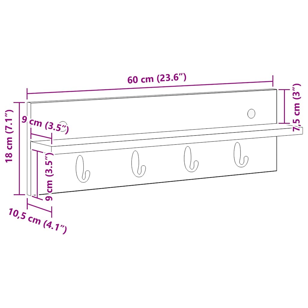 vidaXL Wall-Mounted Coat Rack Wall-Mounted Black Oak 60 x 10.5 x 18 cm