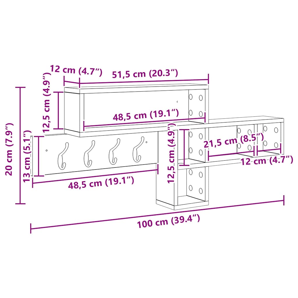 vidaXL Wall-Mounted Coat Rack Wall-Mounted White 100 x 12 x 43.5 cm