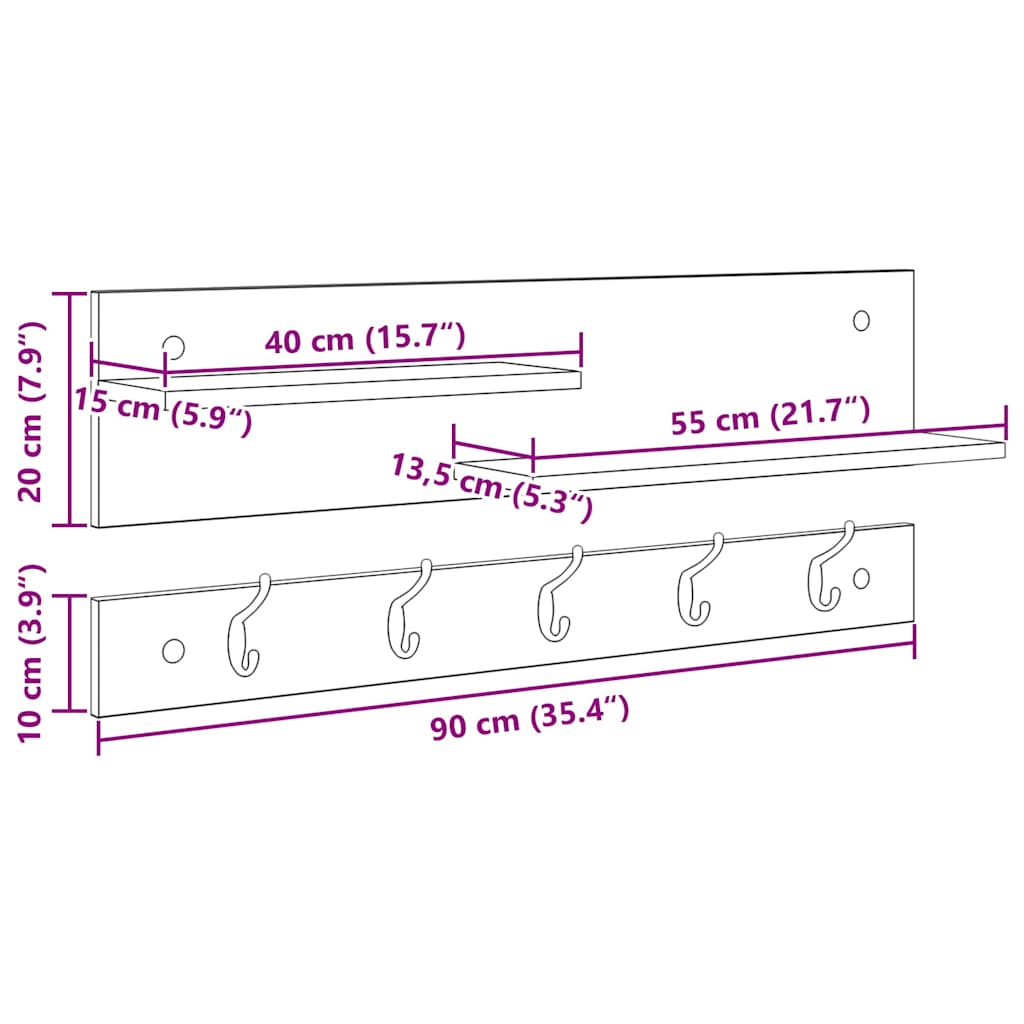 vidaXL Wall-Mounted Coat Rack Wall-Mounted Black Oak 90 x 15 x 36 cm