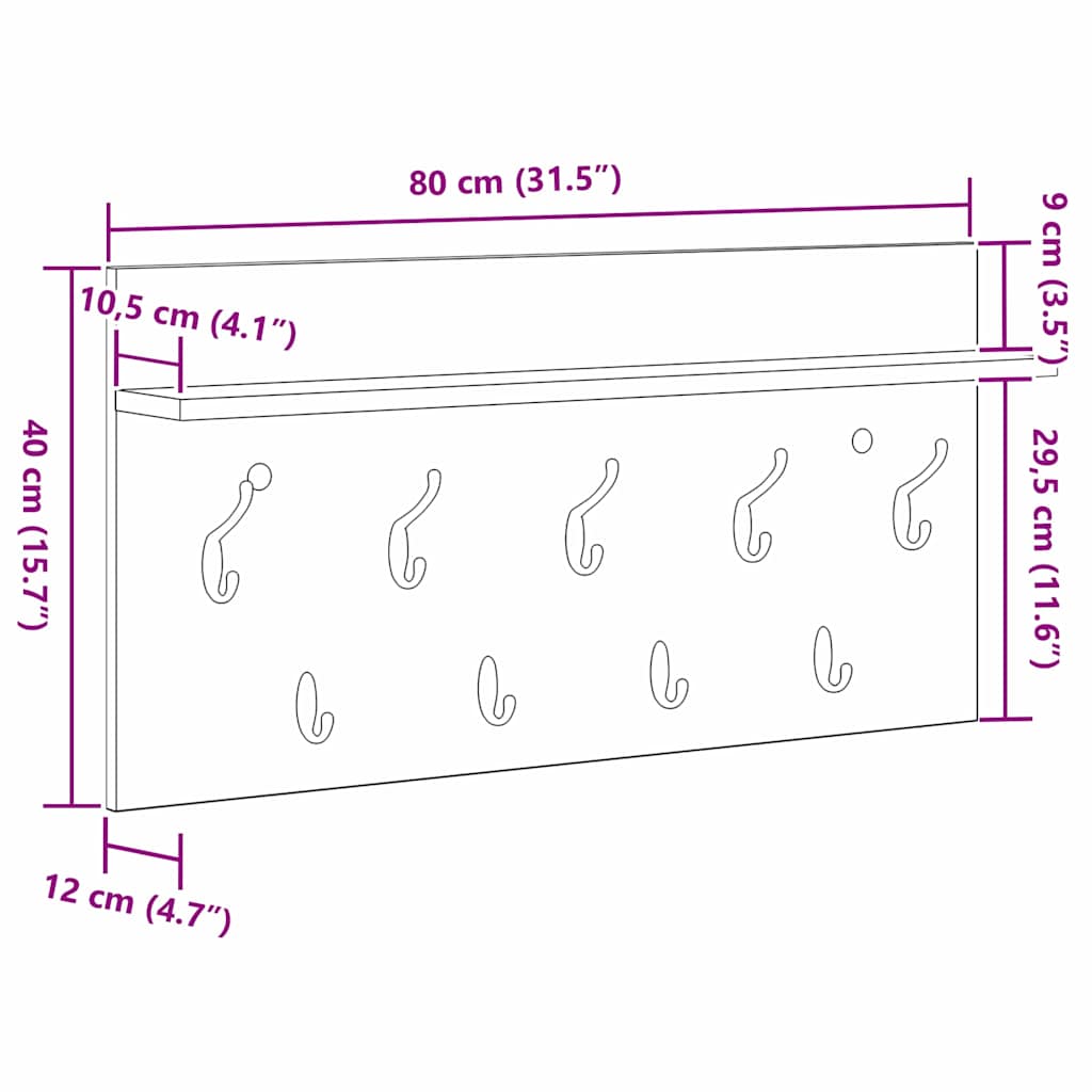 vidaXL Wall-Mounted Coat Rack Wall-Mounted Smoked Oak 80 x 40 x 12 cm