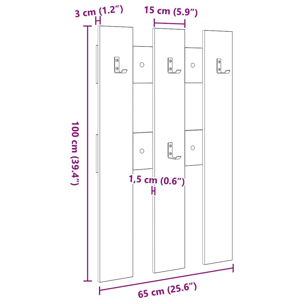 vidaXL Wall-Mounted Coat Rack Wall-Mounted Artisan Oak 65 x 3 x 100 cm