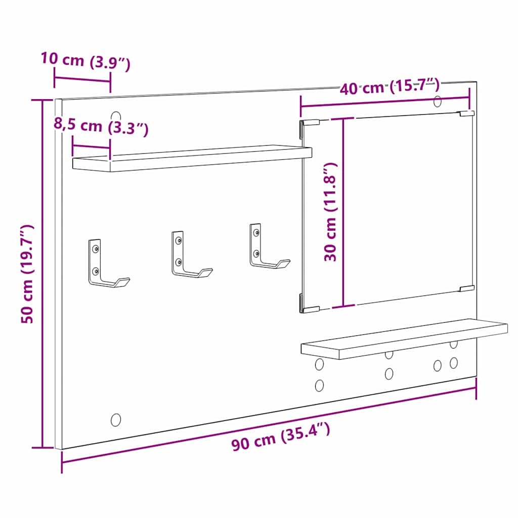 vidaXL Wall-Mounted Coat Rack Wall-Mounted Smoked Oak 90 x 10 x 50 cm