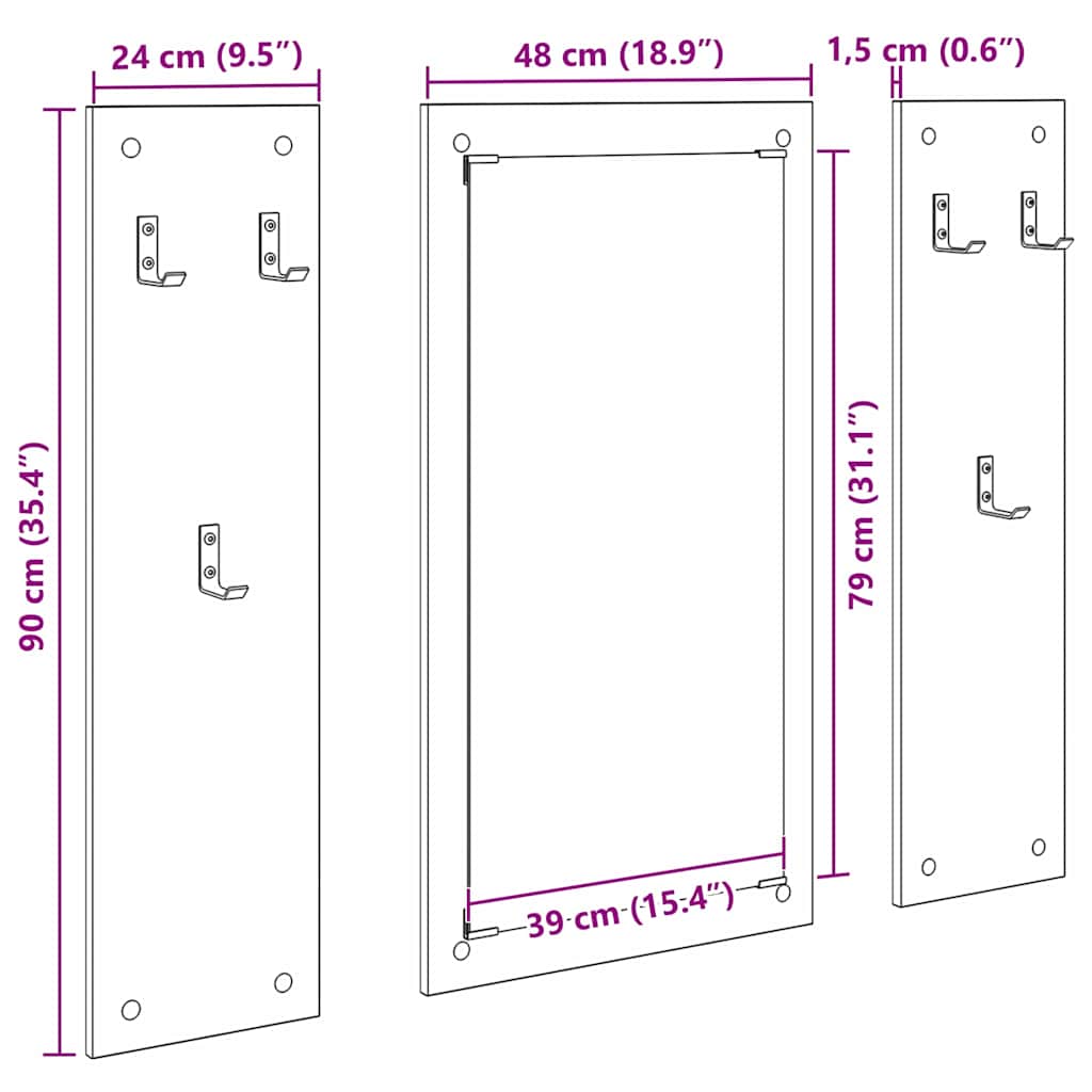 vidaXL Wall-Mounted Coat Rack with Mirror Grey Sonoma 96 x 1.5 x 90 cm