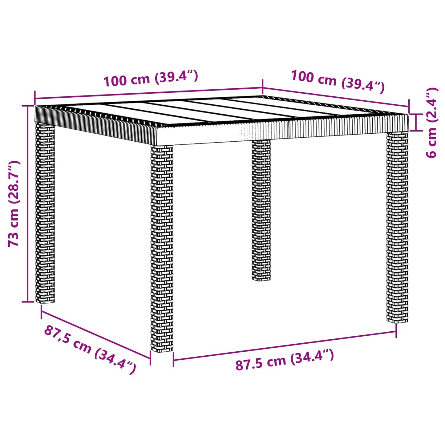 vidaXL Garden Table Brown 100 x 100 x 73 cm Poly Rattan