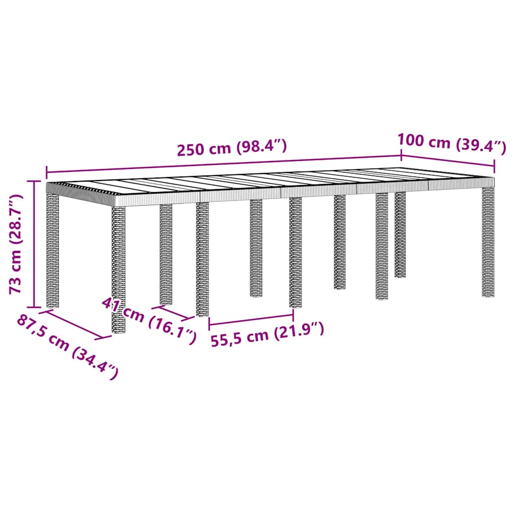 vidaXL Garden Table Light Grey 250 x 100 x 73 cm Poly Rattan