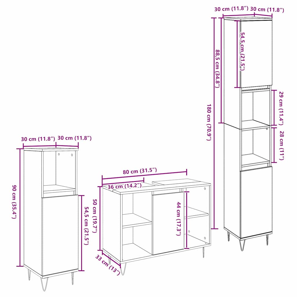 vidaXL Bathroom Furniture Set 3 pcs Black Oak Engineered Wood