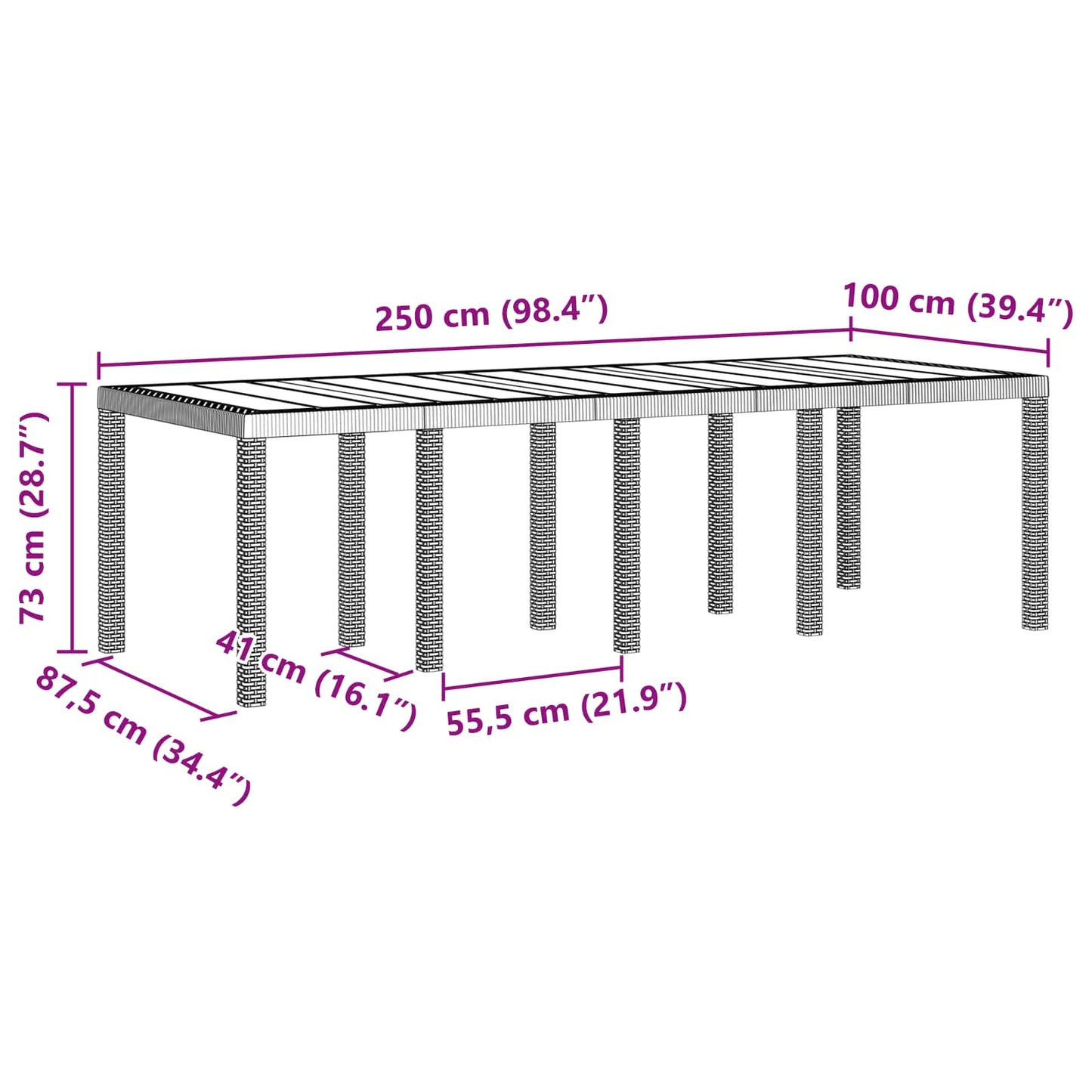 vidaXL Garden Table Brown 250 x 100 x 73 cm Poly Rattan