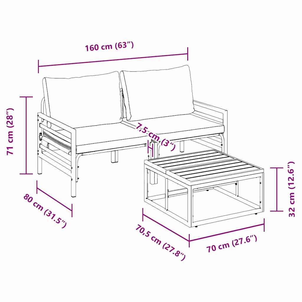 vidaXL Garden Sofa Set with Cushion 3 pcs Black Steel