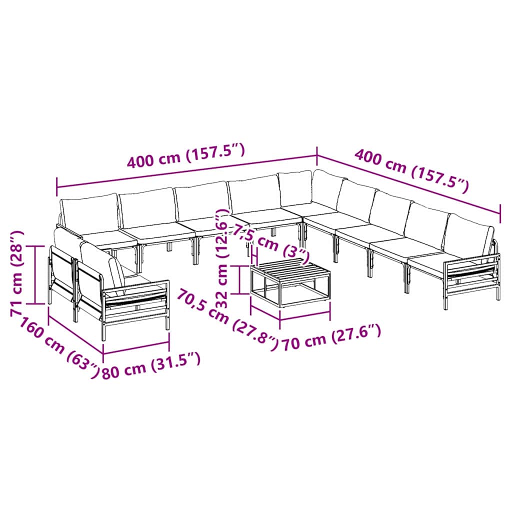 vidaXL Garden Sofa Set with Cushion 12 pcs Black Steel