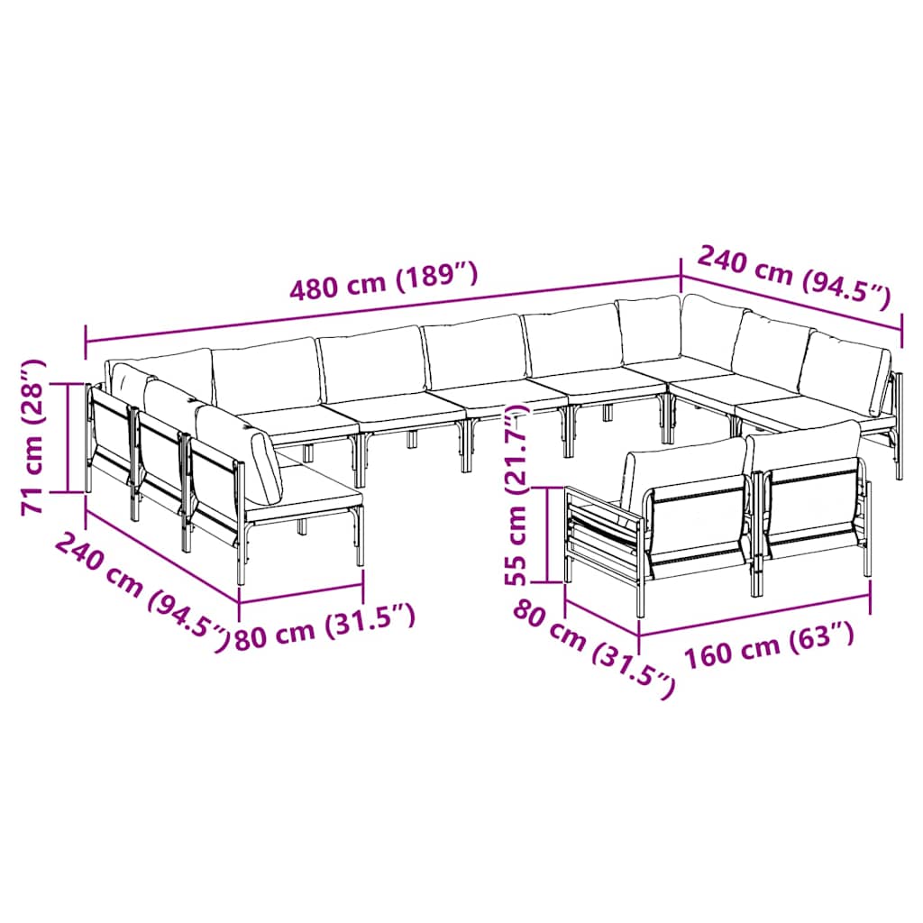 vidaXL Garden Sofa Set with Cushion 12 pcs Black Steel